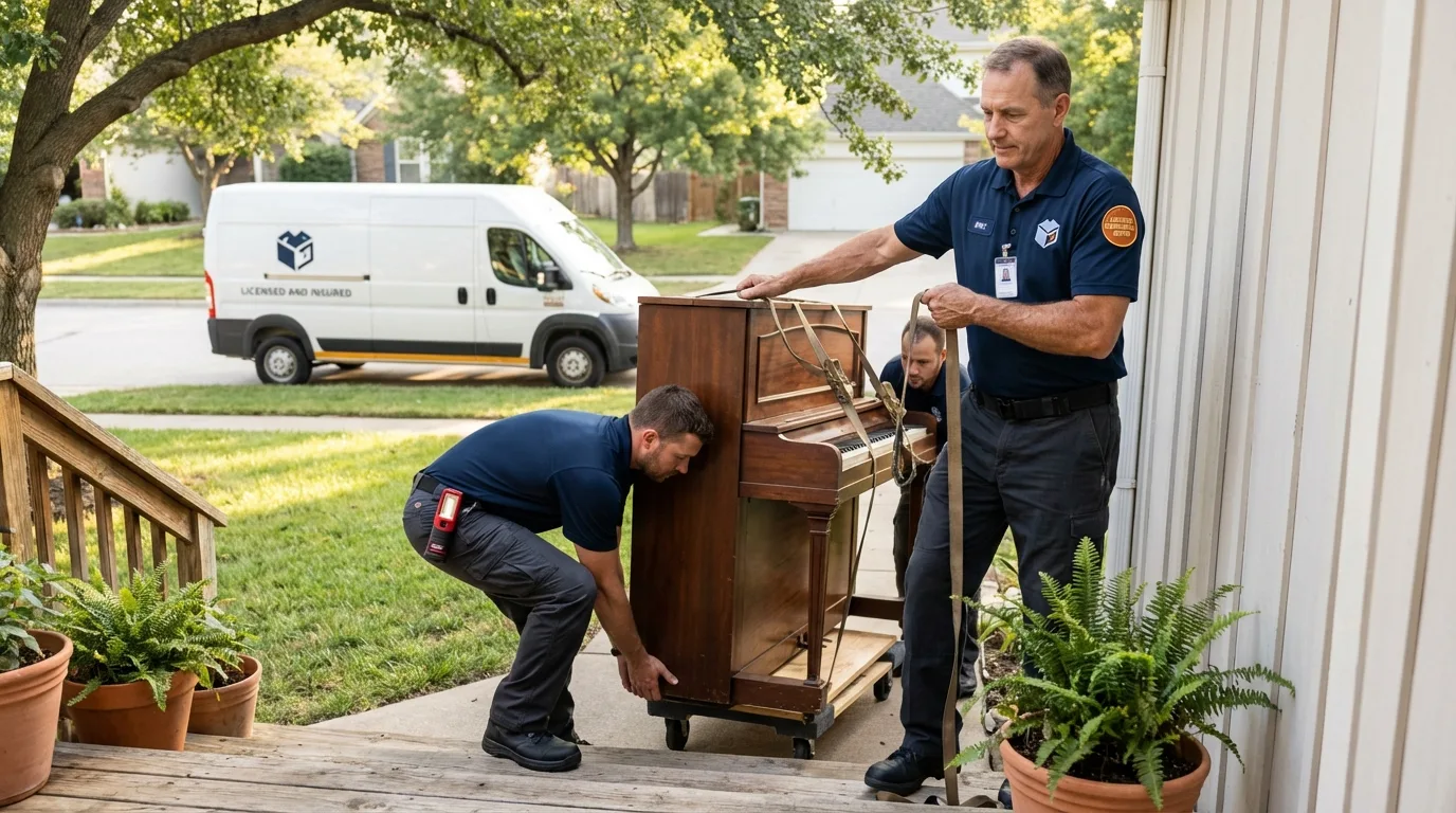 Licensed piano movers securing grand piano in Strong, ME