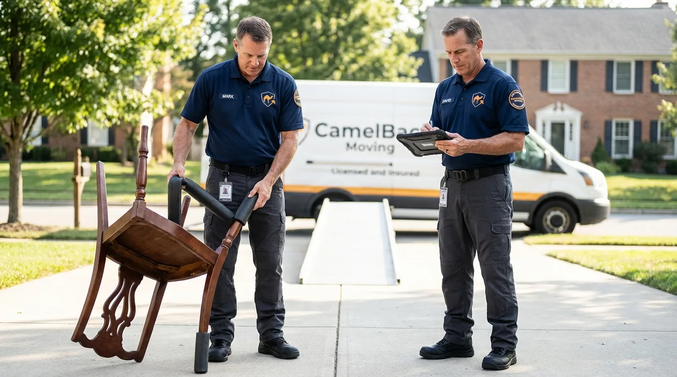 Movers inspecting furniture for damage prevention before loading in Strong, ME