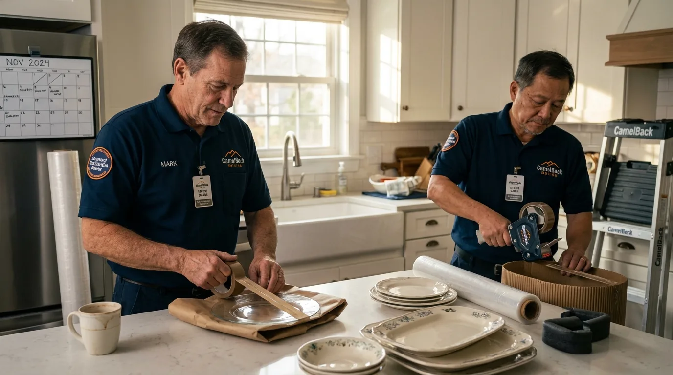 Professional crew packing kitchen dishware in Strong, ME
